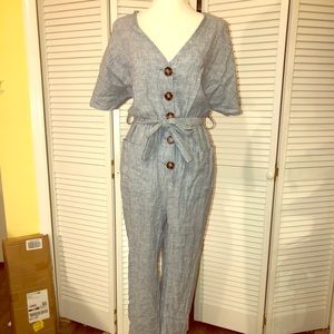 Olivaceous stripe button up jump suit